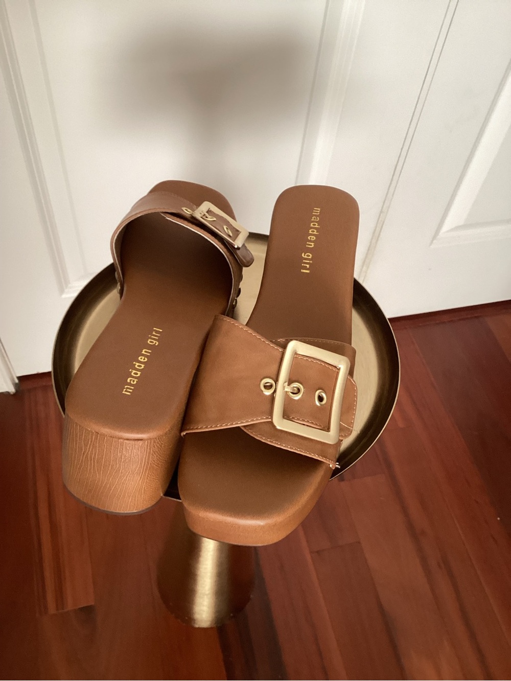 Madden Girl Tan Slide Sandals with Oversized Buckle - Picture 4 of 7